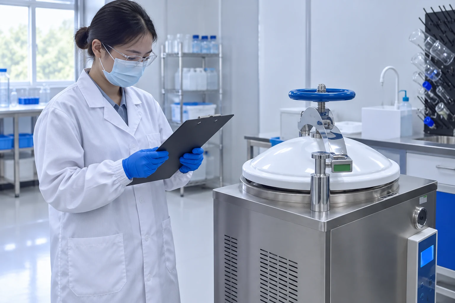 Illustrative technician reviewing a closed stainless vessel during a laboratory equipment review