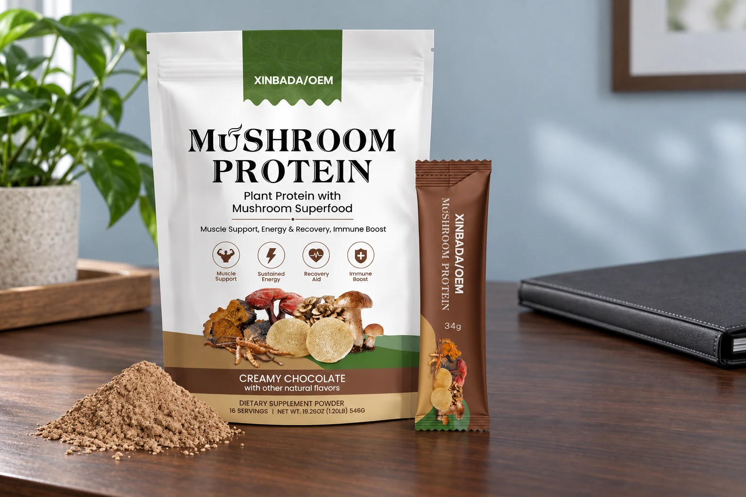 Labelled Xinbada plant protein pouch and sachet on a specification review desk