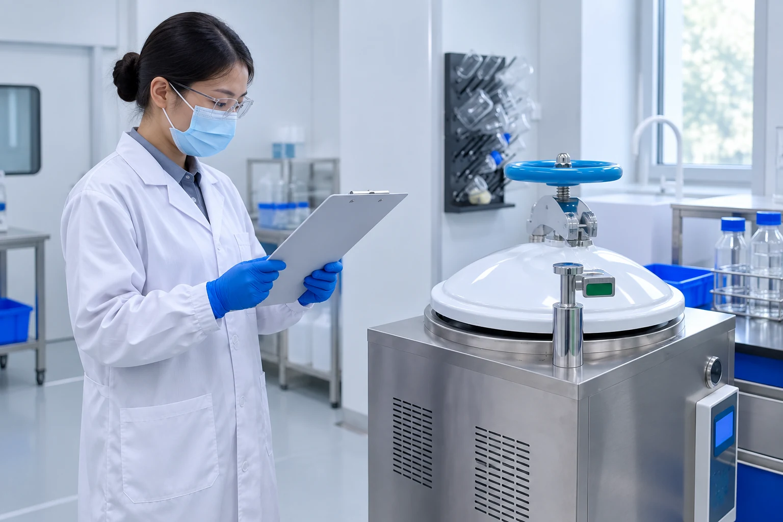 Masked technician reviewing a closed stainless laboratory vessel