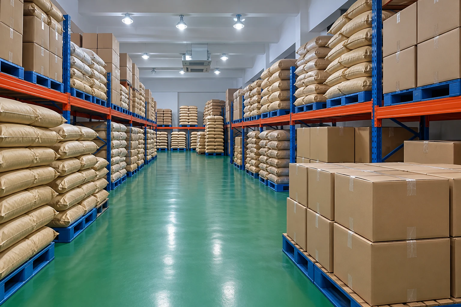 Organized sacks and sealed cartons in an illustrative warehouse aisle