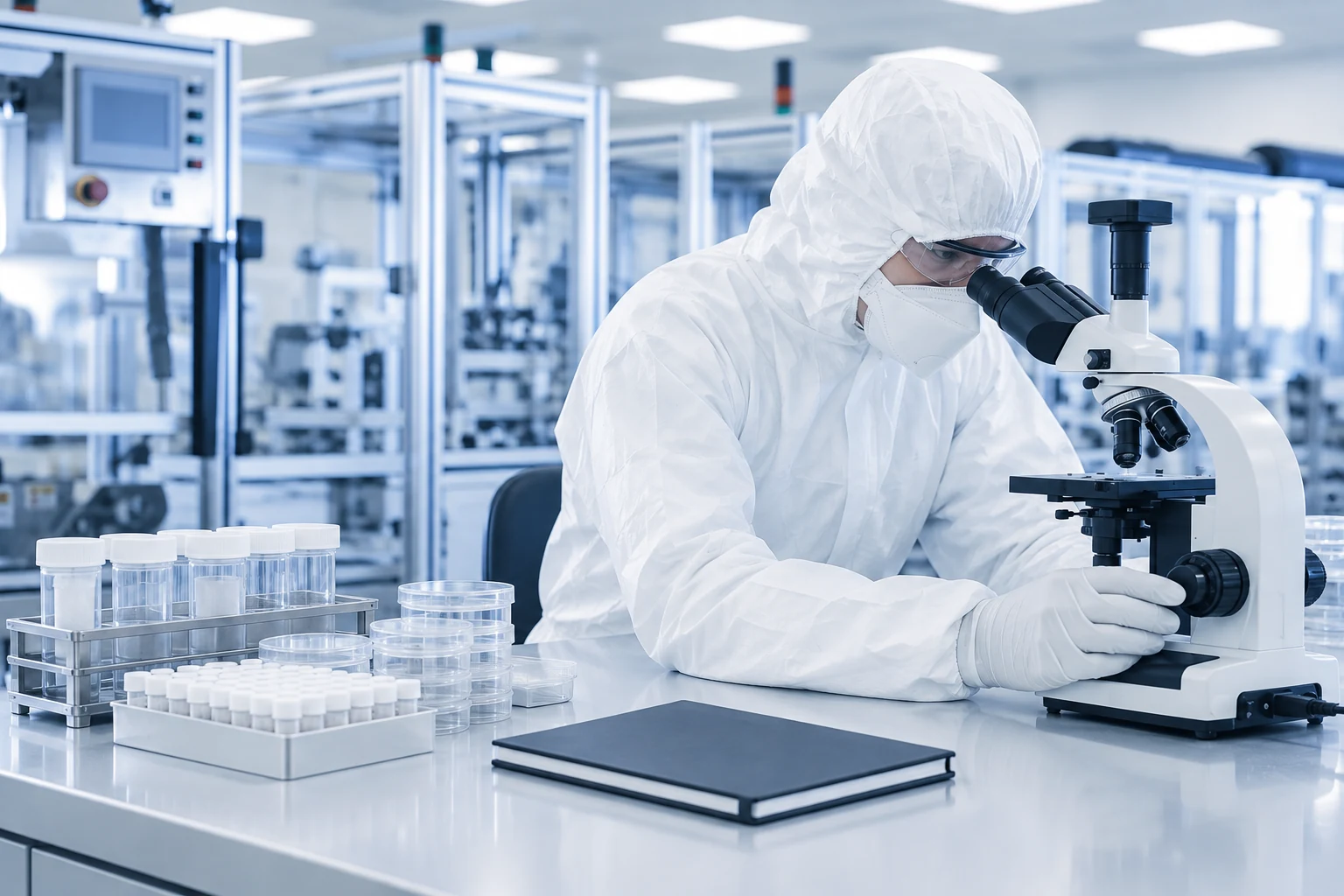 Protected laboratory technician reviewing samples beside a microscope