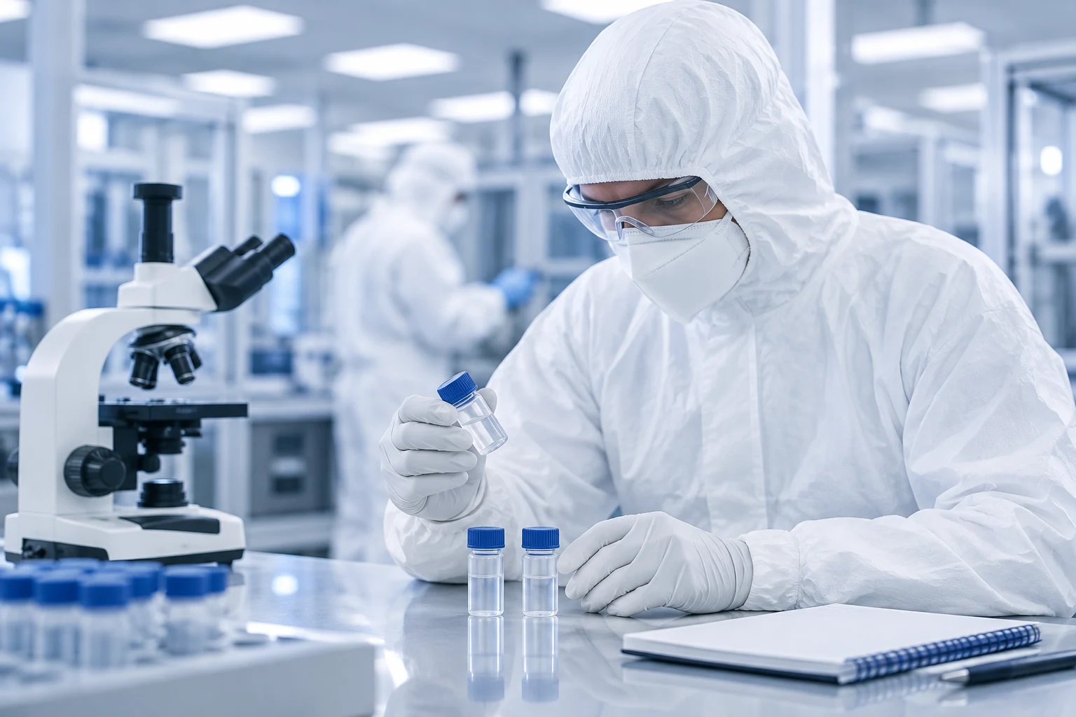 Laboratory technician reviewing closed sample vials beside a microscope