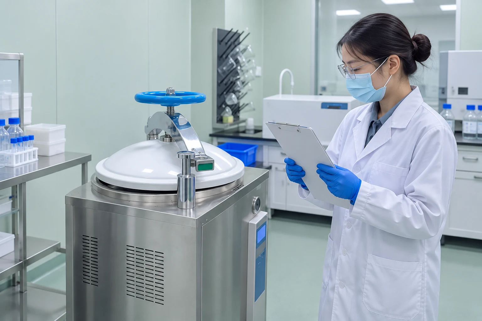 Masked technician reviewing a clipboard beside a stainless laboratory vessel