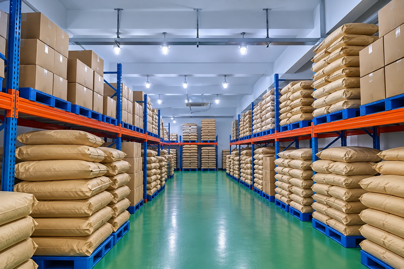 Sealed kraft sacks and cartons on warehouse racks illustrating inventory reconciliation