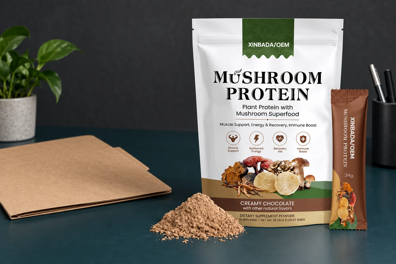 Xinbada mushroom protein pouch and sachet on an inspection desk illustrating product identity