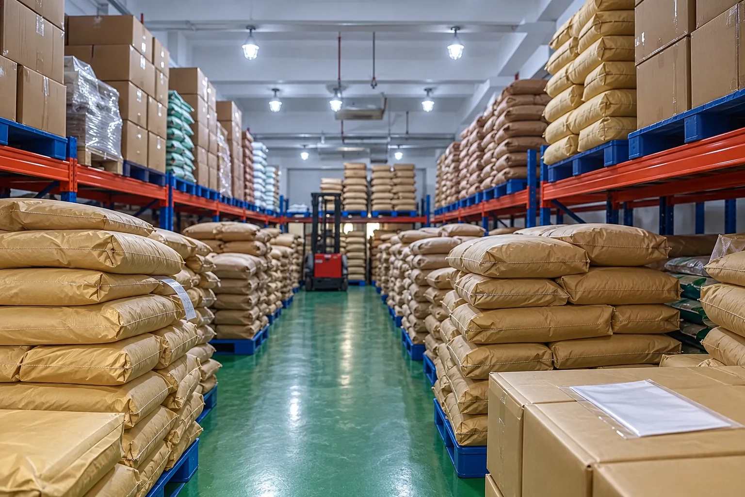 Sealed sacks and cartons on warehouse racks illustrating lot-document traceability
