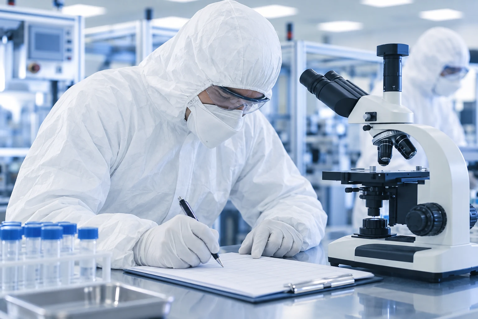 Laboratory technician recording observations beside a microscope and closed sample vials