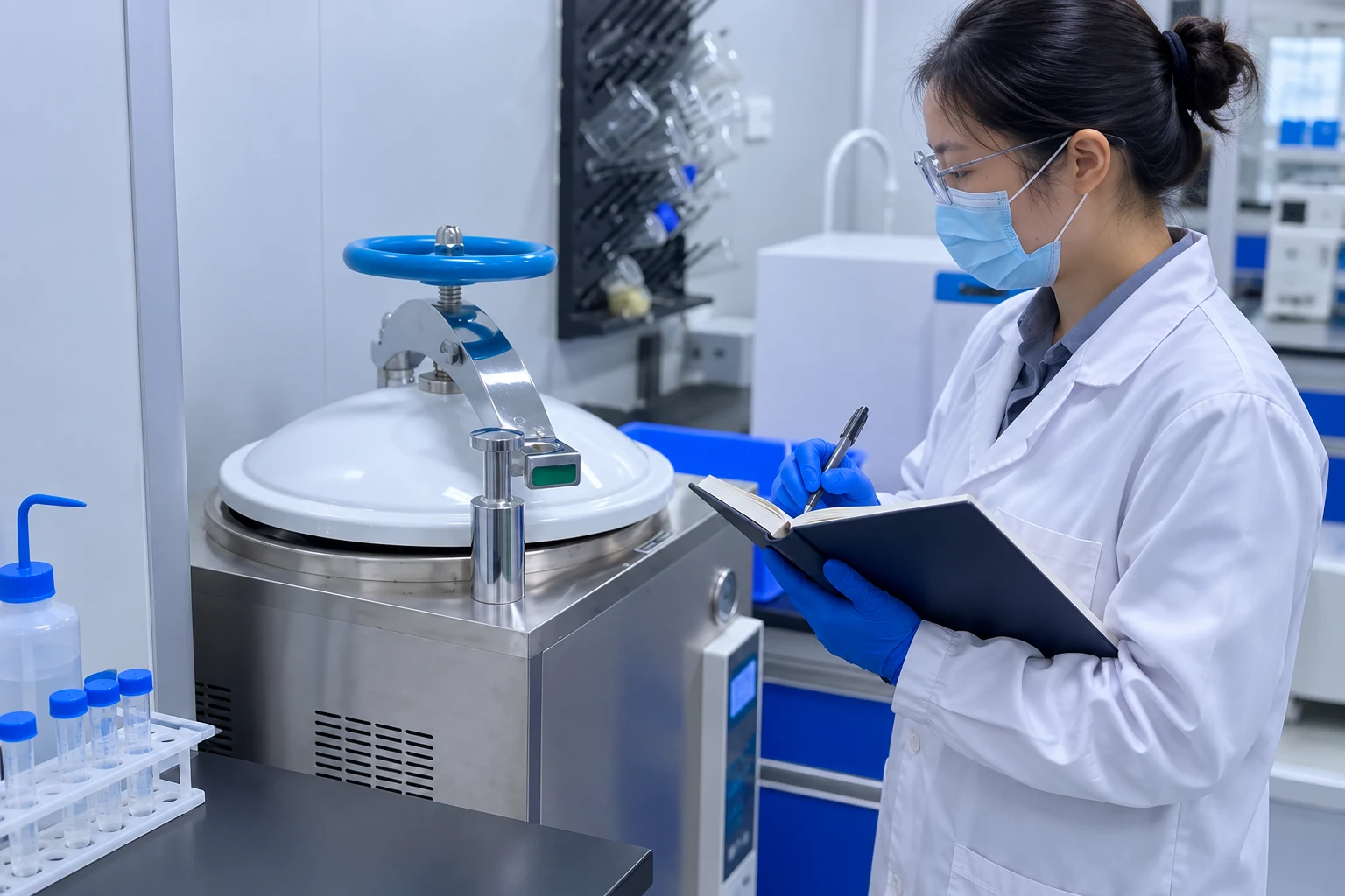 Masked technician recording laboratory work beside a stainless vessel