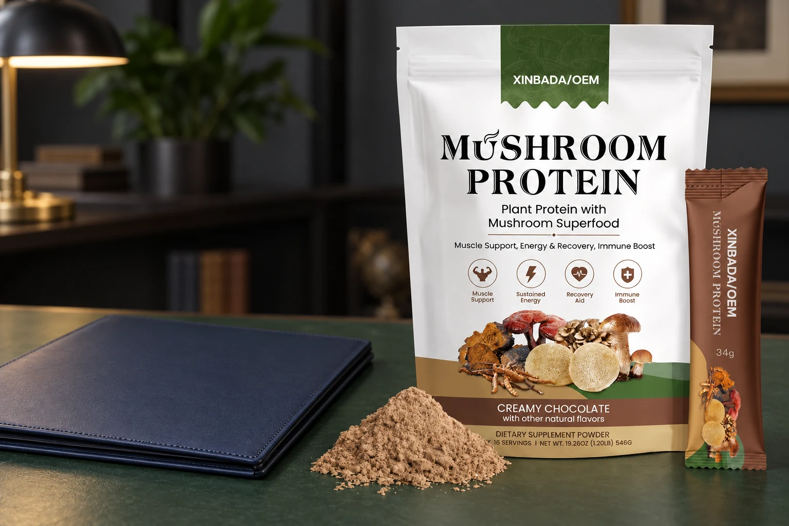 Xinbada mushroom protein pouch and sachet beside a document folder for formulation identification