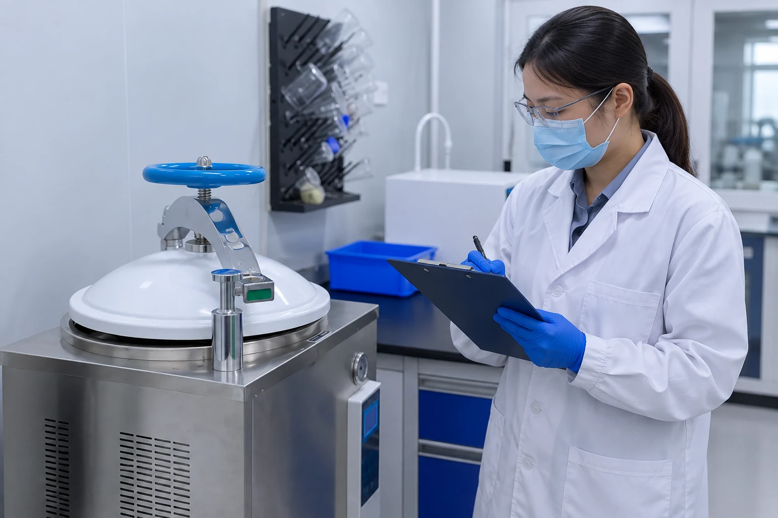 Technician with a small laboratory vessel illustrating shared equipment documentation
