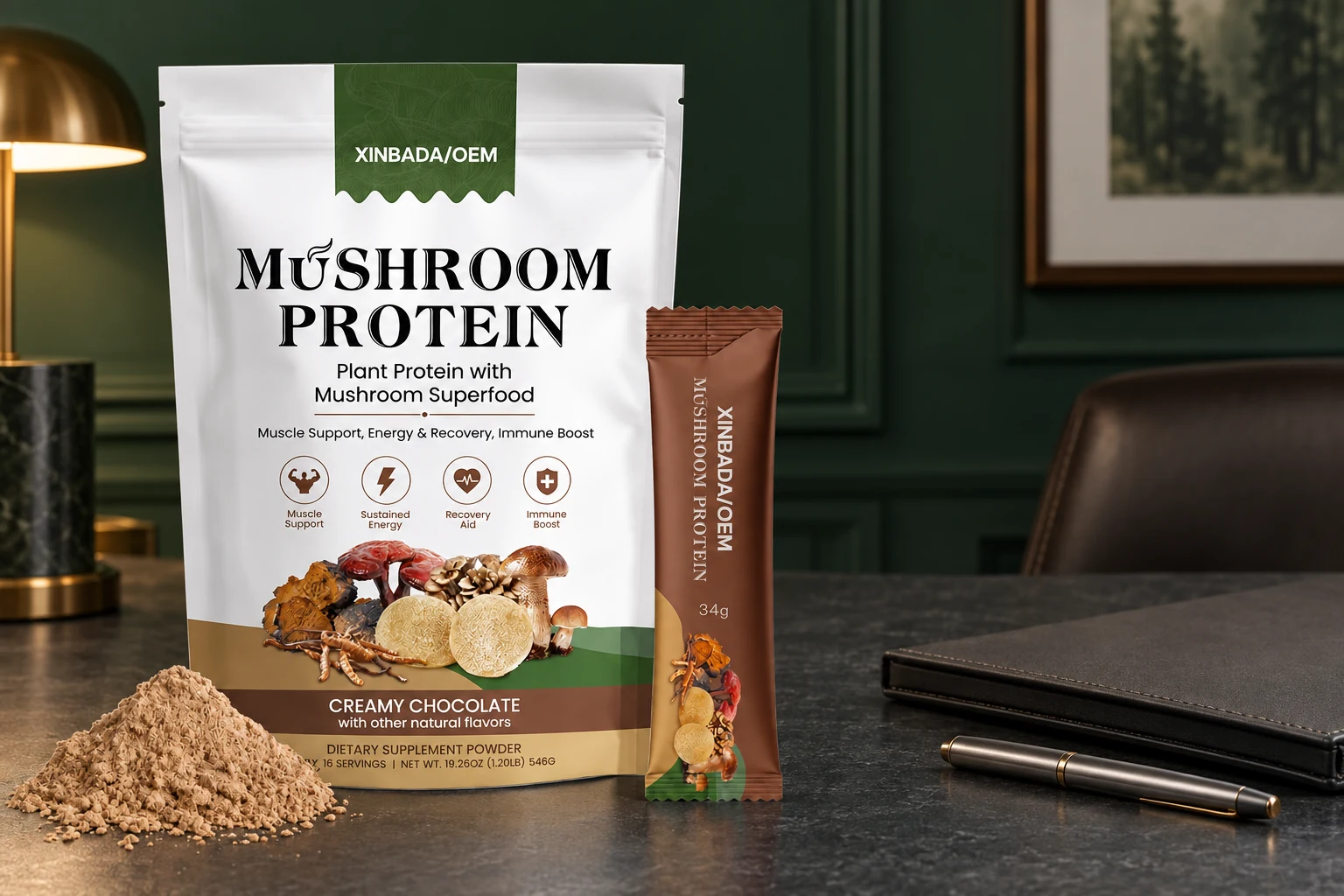 XINBADA mushroom plant-protein pouch and sachet illustrating a protein category distinct from whey