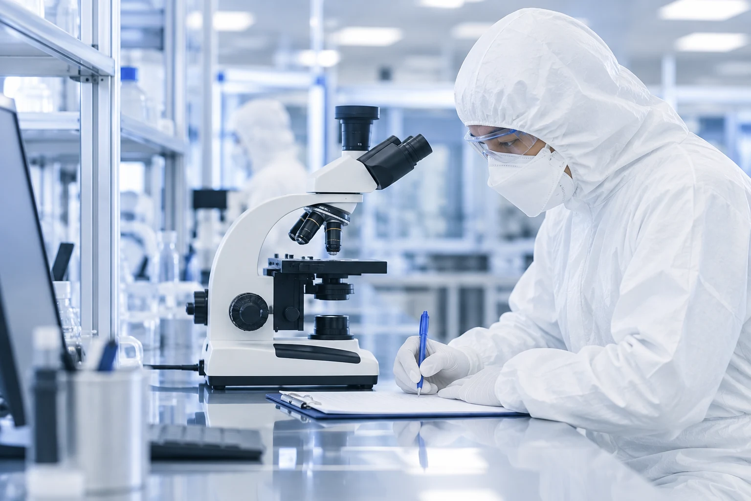 Laboratory technician recording observations beside a microscope in an illustrative quality setting