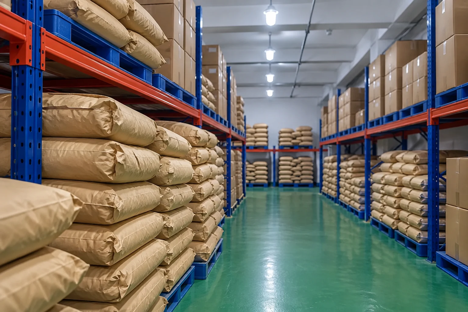 Kraft sacks and cartons on warehouse racks illustrating ingredient movement context