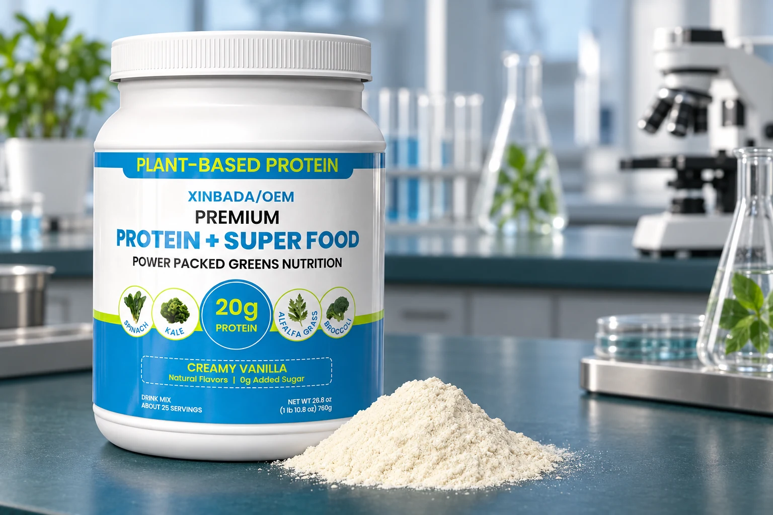 XINBADA plant protein jar and pale powder illustrating product presentation for specification review
