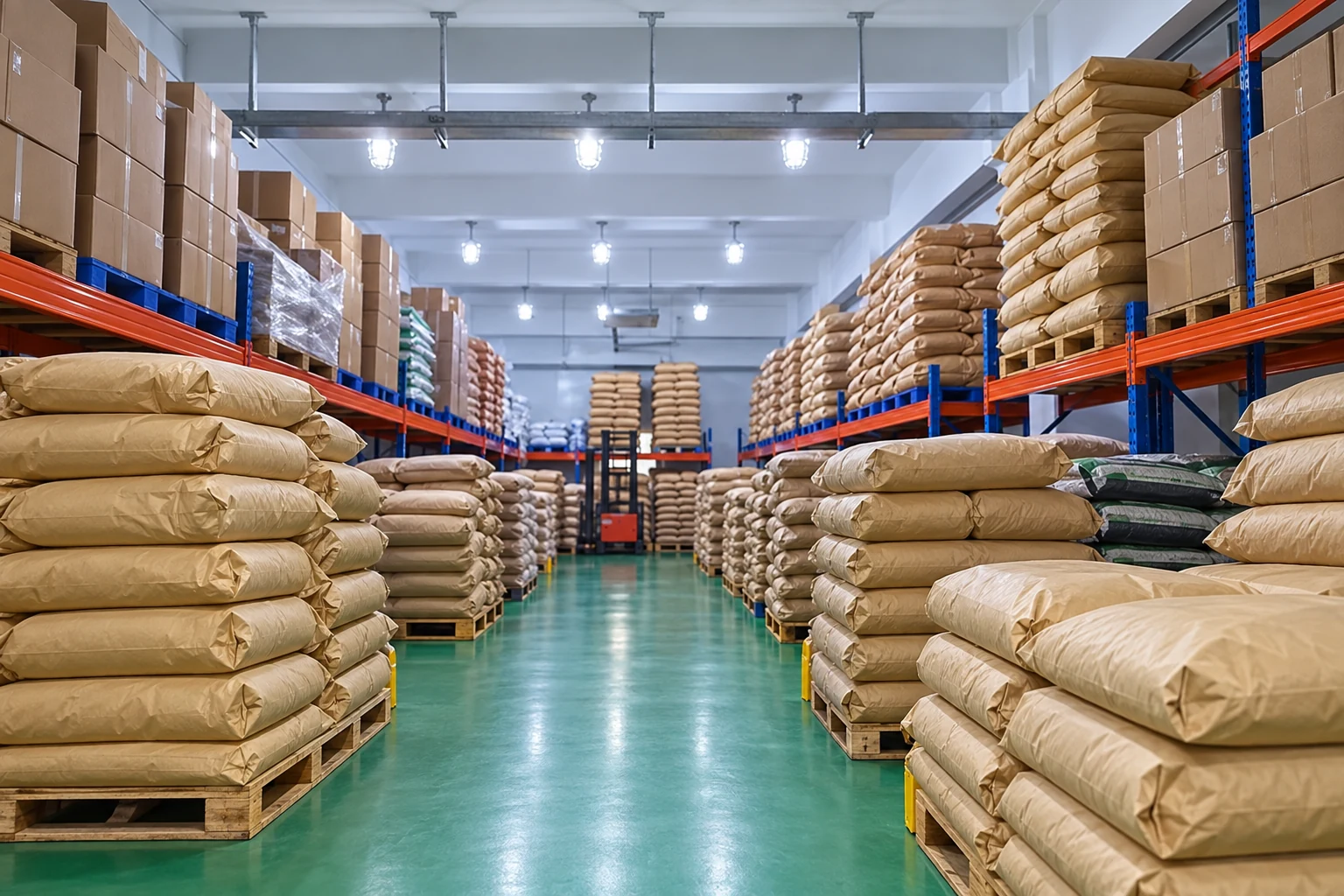 Kraft sacks and cartons on warehouse racks illustrating material and shipment traceability