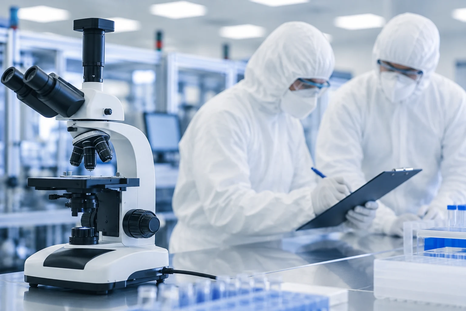 Laboratory staff and microscope illustrating analytical documentation context