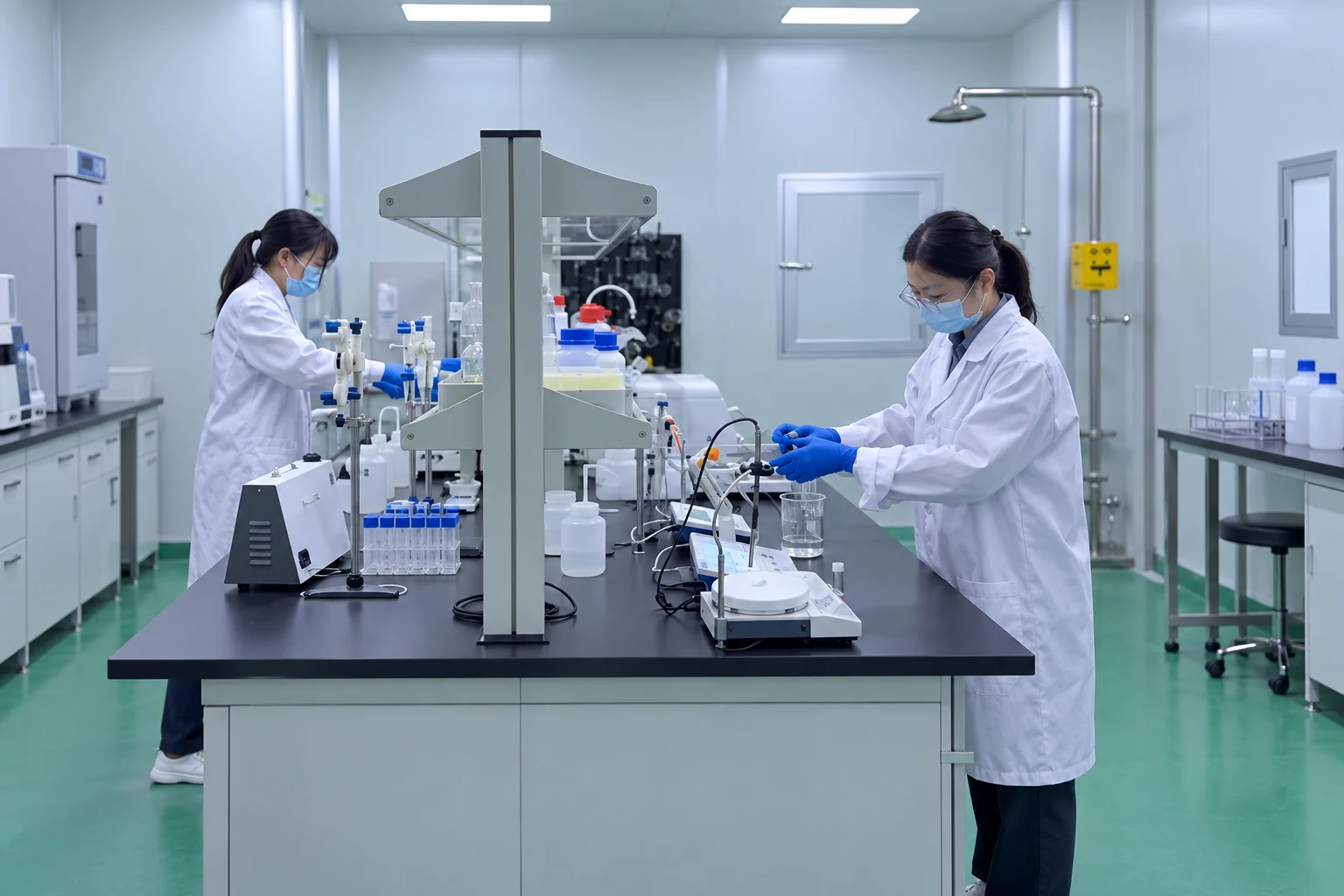 Staff operating laboratory process equipment illustrating sample and production record alignment