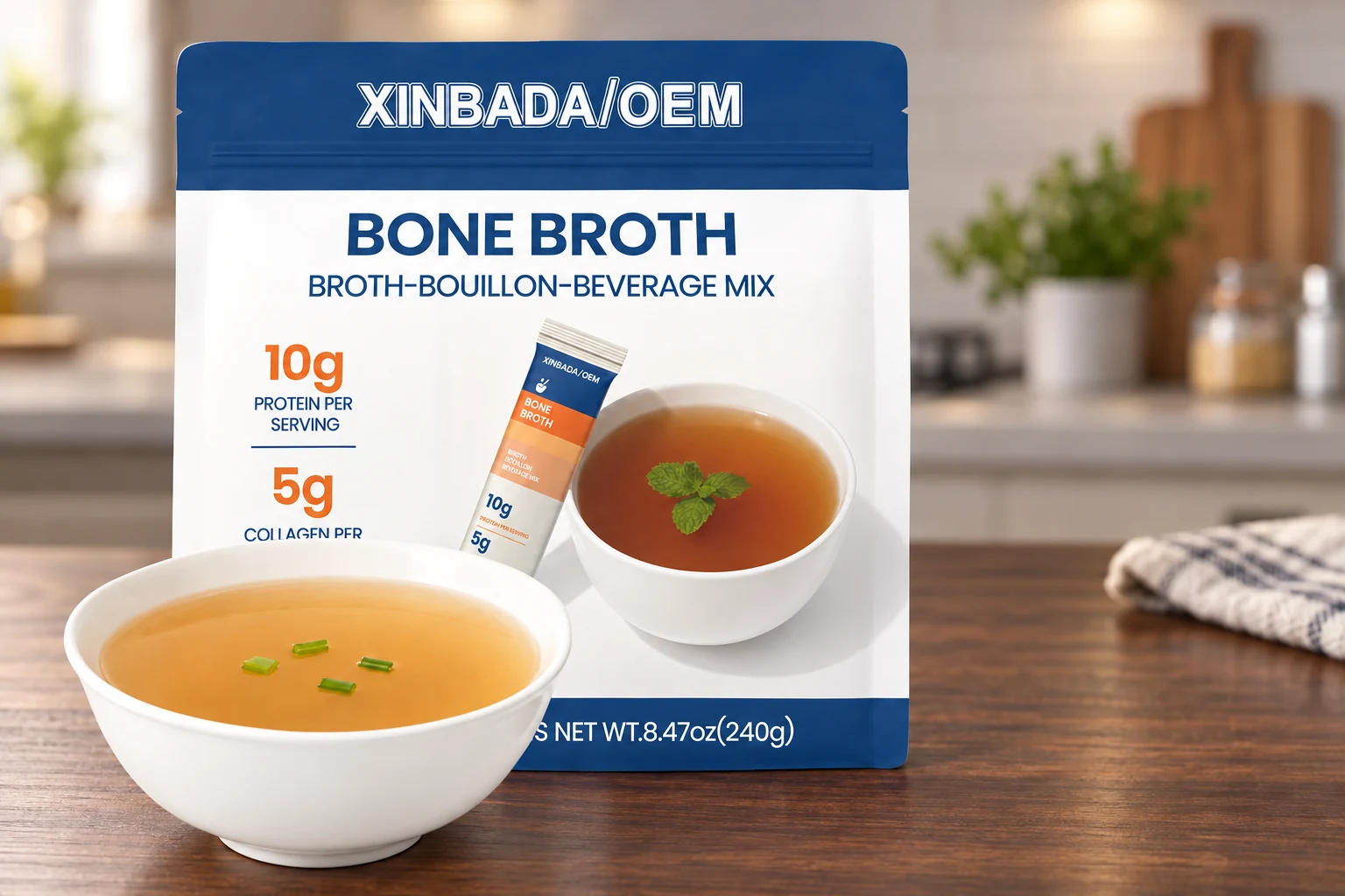 XINBADA bone-broth pouch and bowl in an illustrative sample-review scene