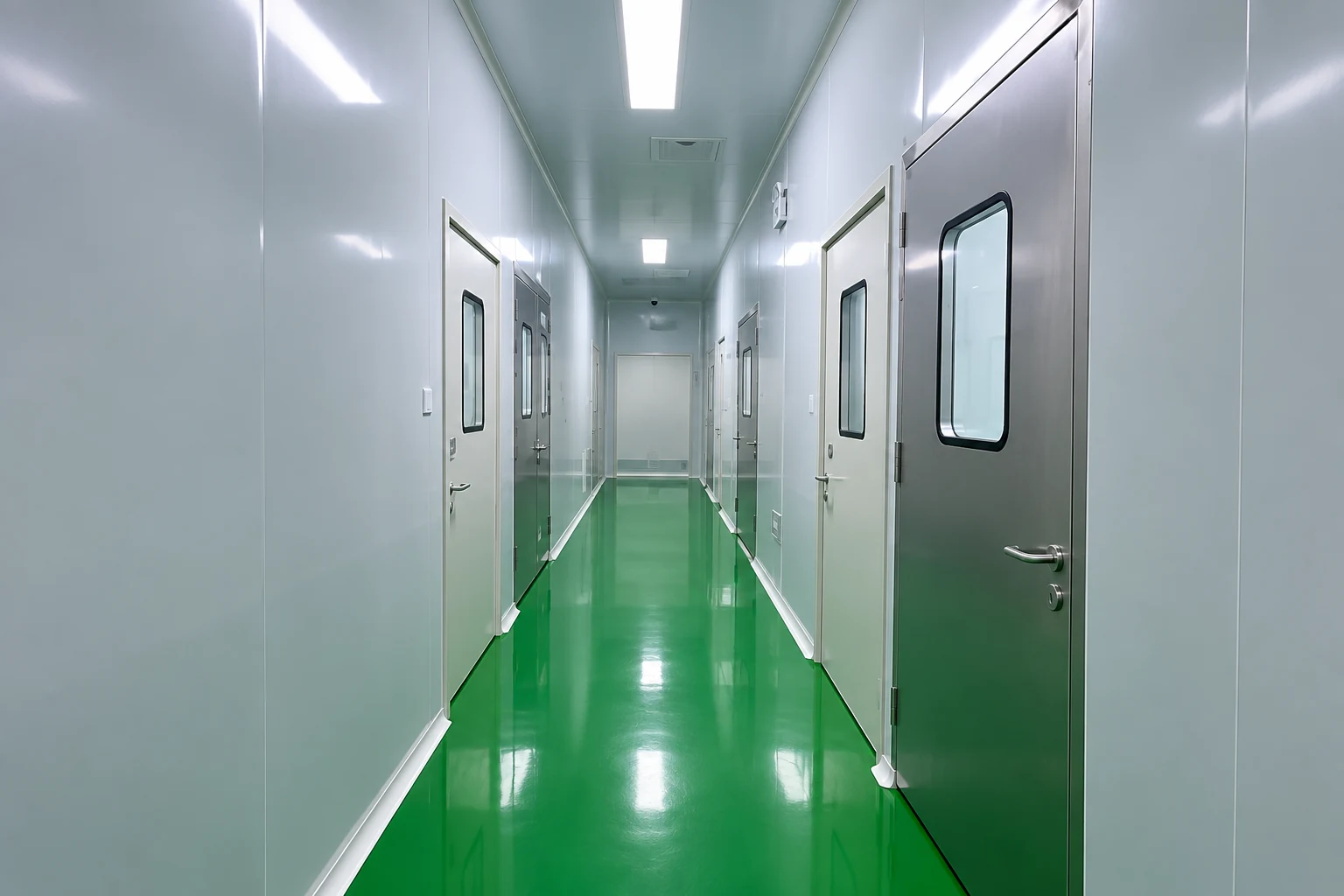 Green-floor production corridor illustrating controlled access