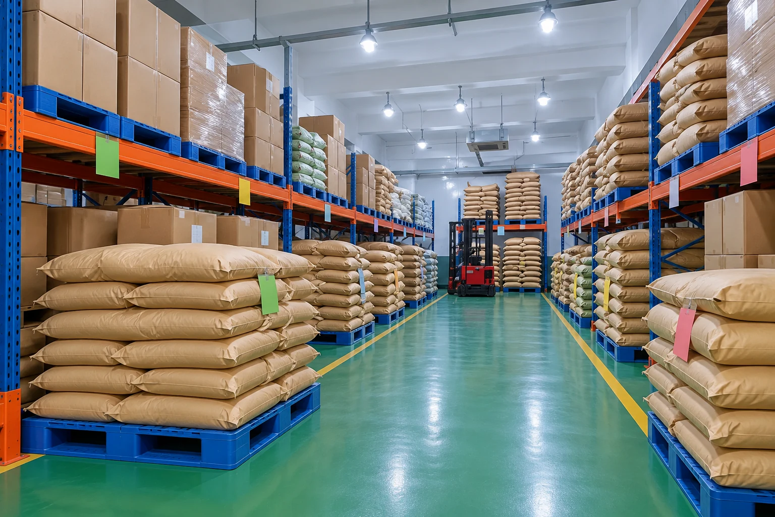 Warehouse sacks and cartons illustrating lot segregation and traceability