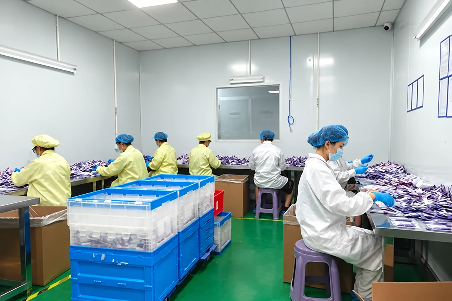 Packing-room staff and blue crates illustrating packaging responsibilities