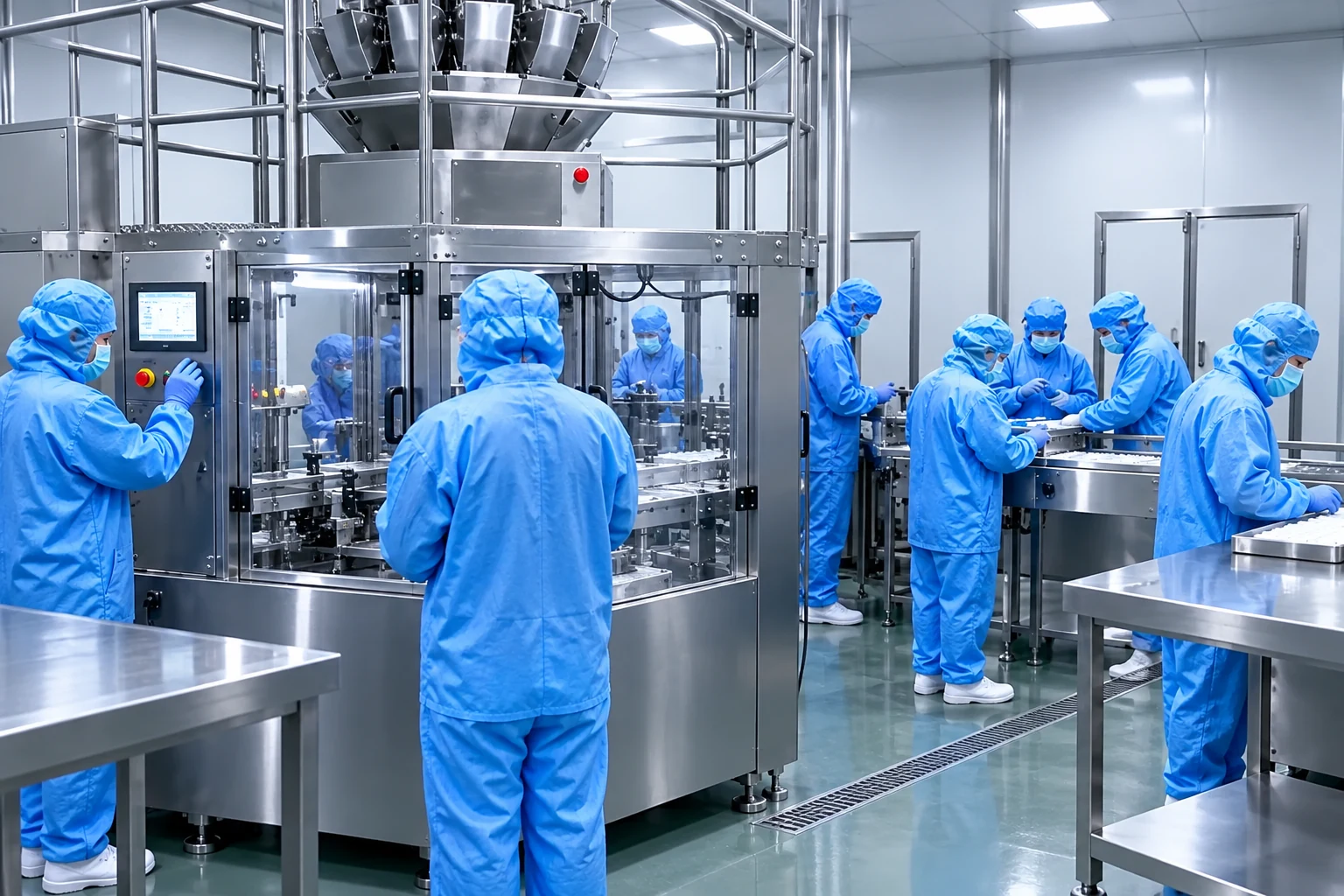 Blue-gowned staff and enclosed equipment illustrating process review