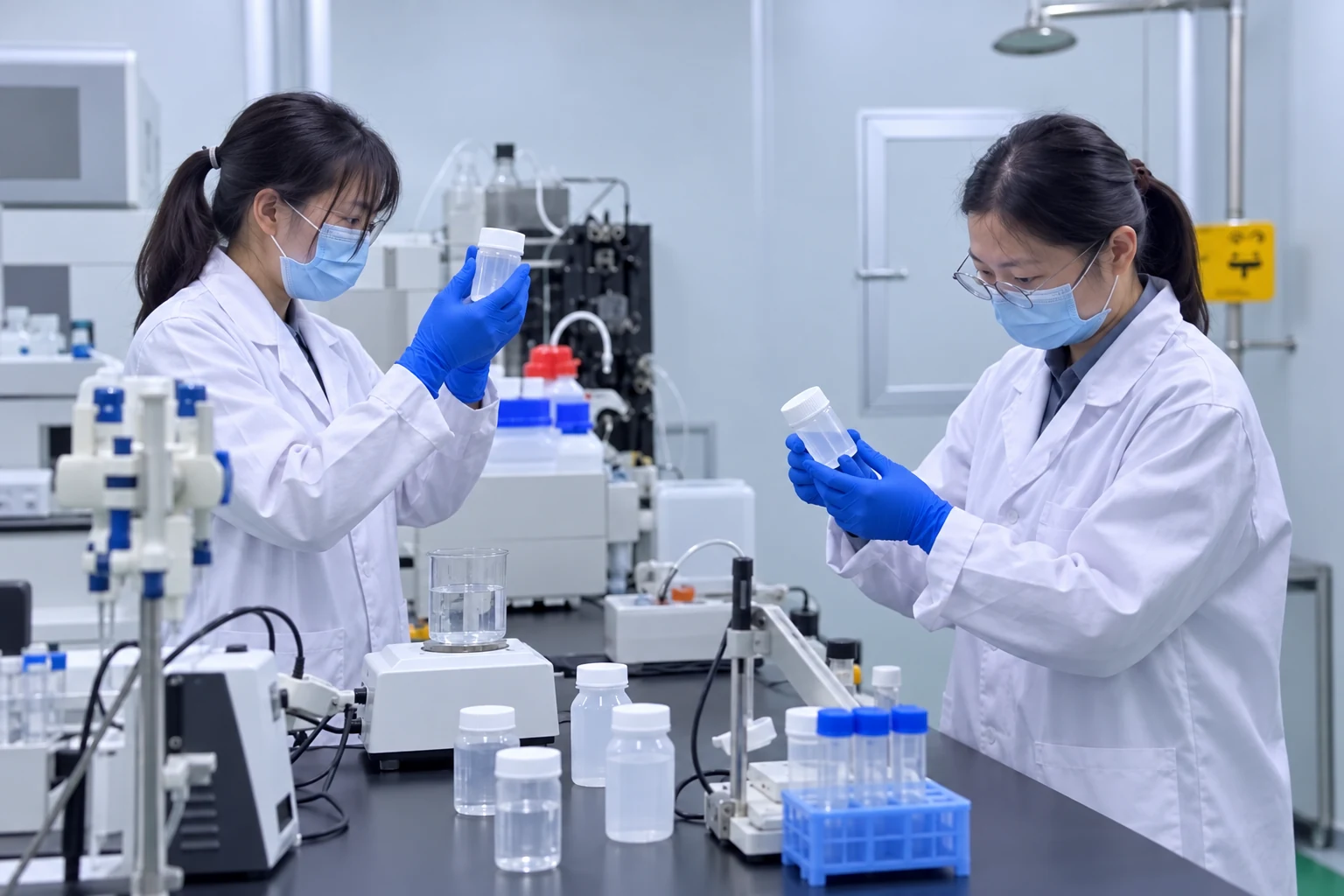Illustrative laboratory staff reviewing unlabelled samples