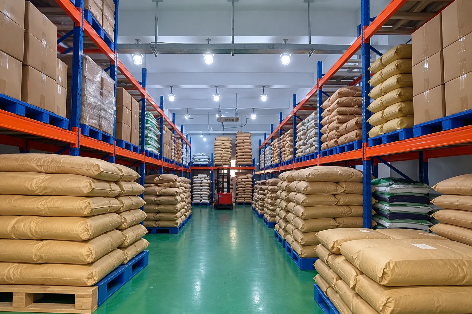 Illustrative warehouse aisle with unlabelled sacks and cartons