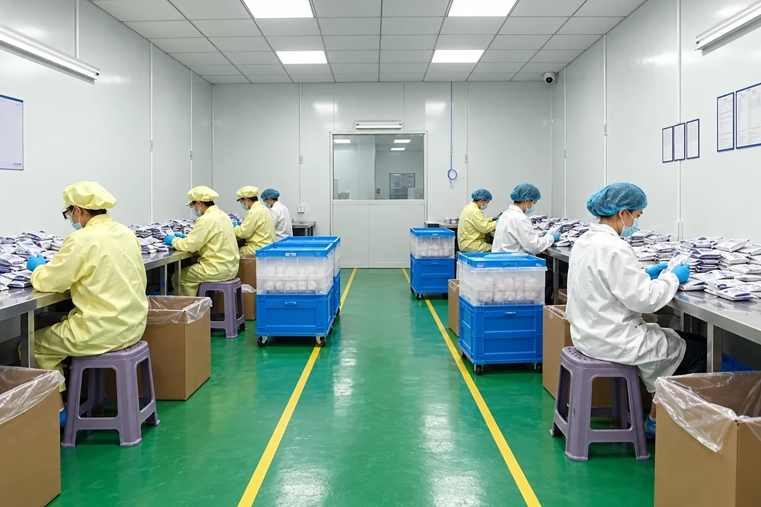 Illustrative packing workroom with a clear inspection aisle
