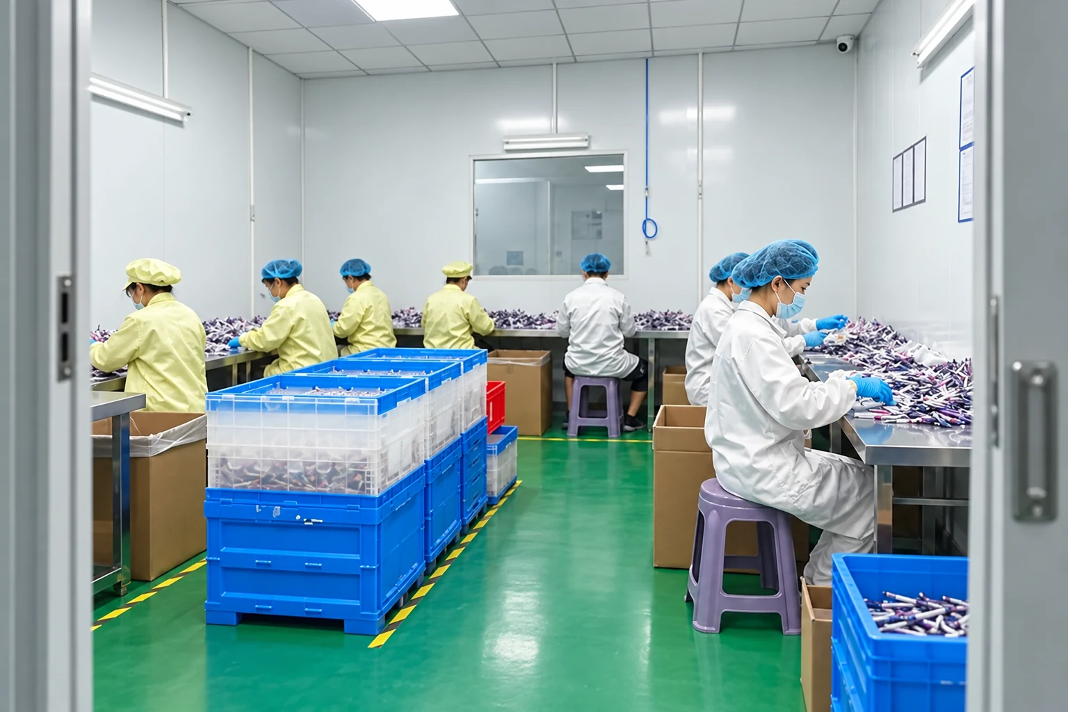 Illustrative packing room with gowned staff, stainless tables and blue crates