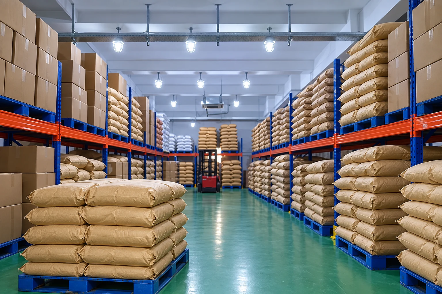 Illustrative warehouse aisle with sealed sacks and cartons on blue-orange racks
