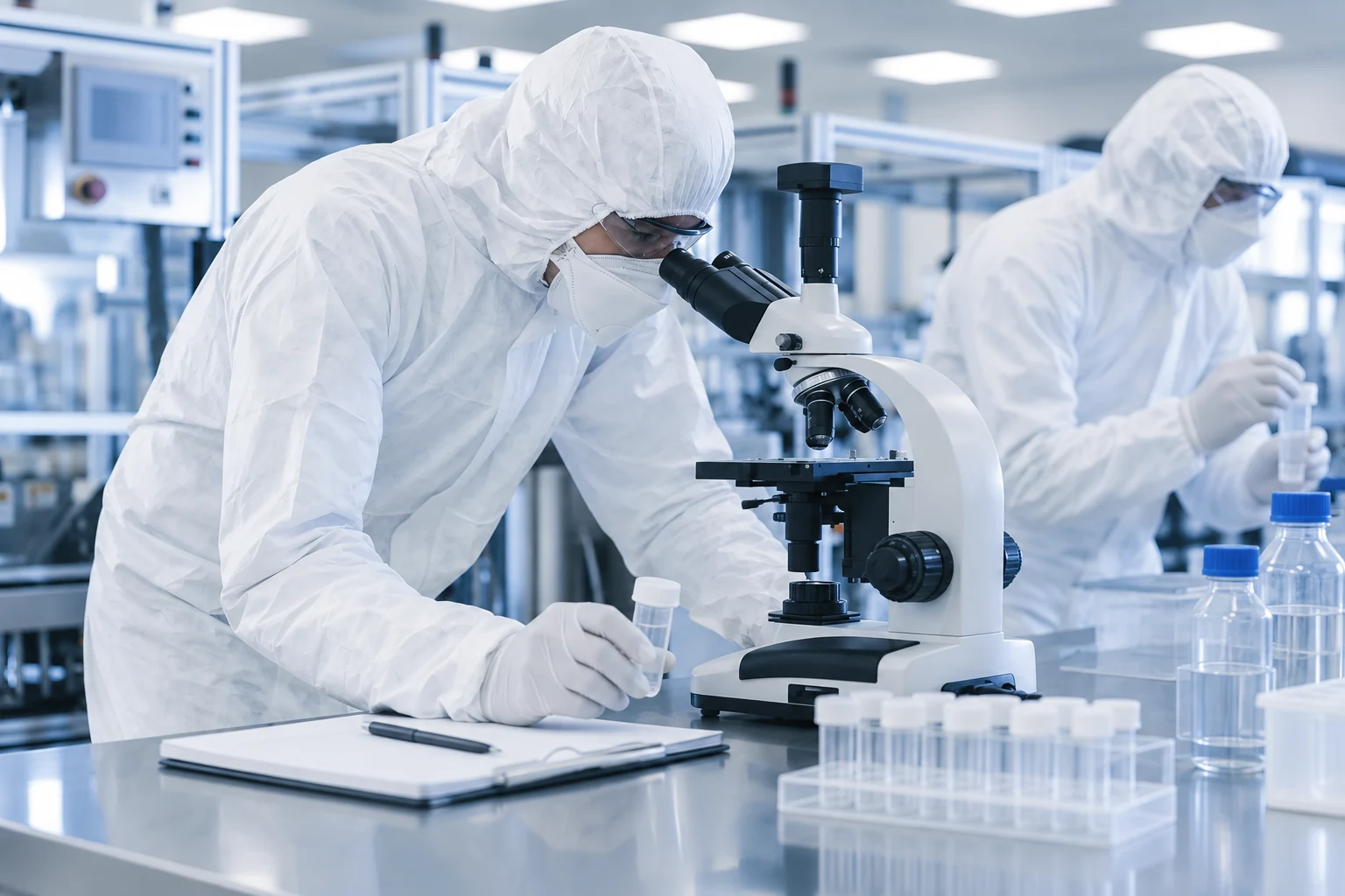 Illustrative laboratory worker reviewing sample vessels beside a microscope