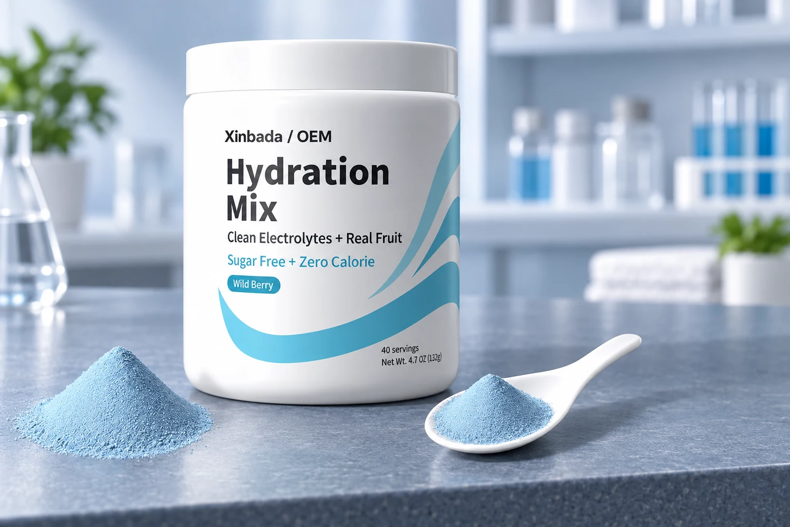 Xinbada Hydration Mix jar with cyan powder and a white spoon in an illustrative review setting