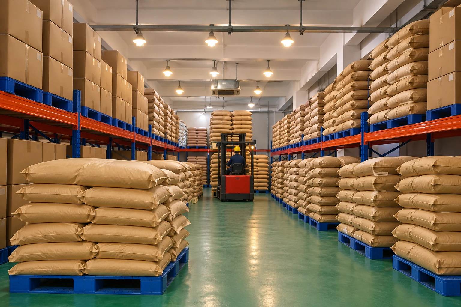 Illustrative warehouse aisle with plain sacks and sealed cartons