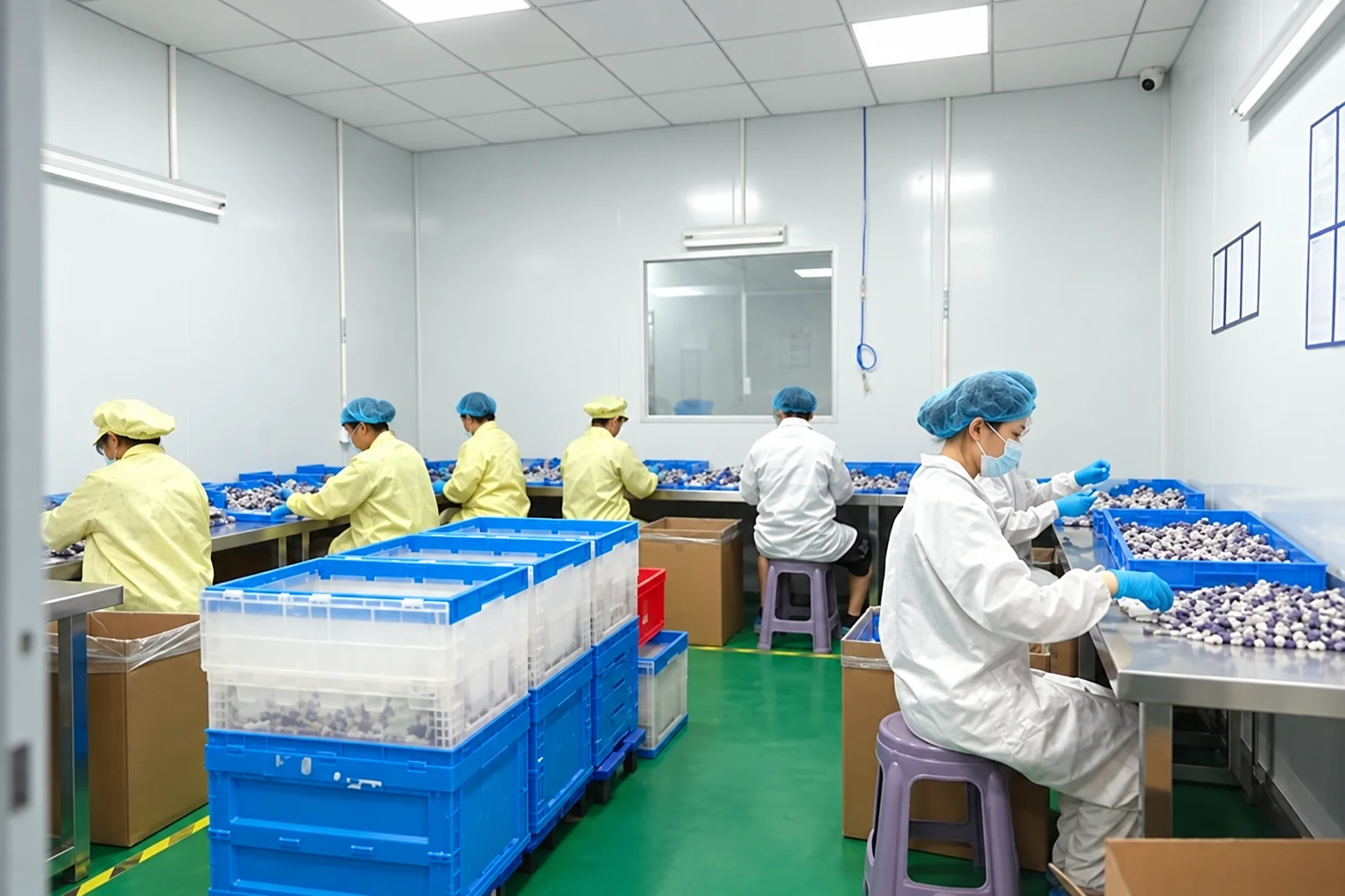 Illustrative packing workroom with blue crates and gowned staff