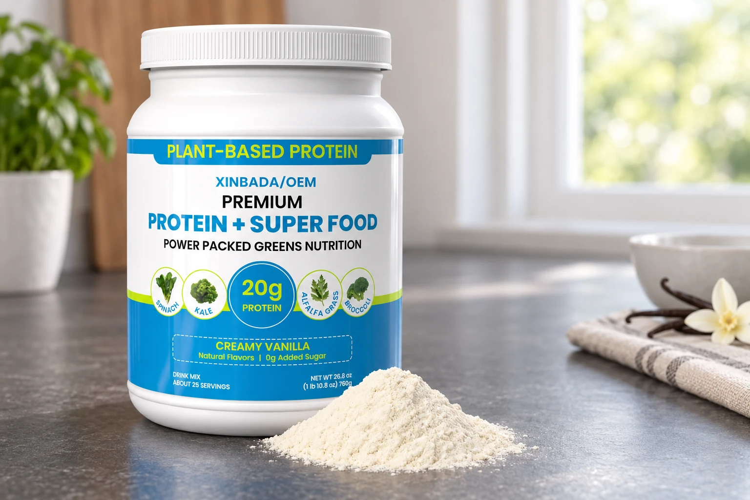 Illustrative XINBADA OEM protein jar and fine powder on a worktop