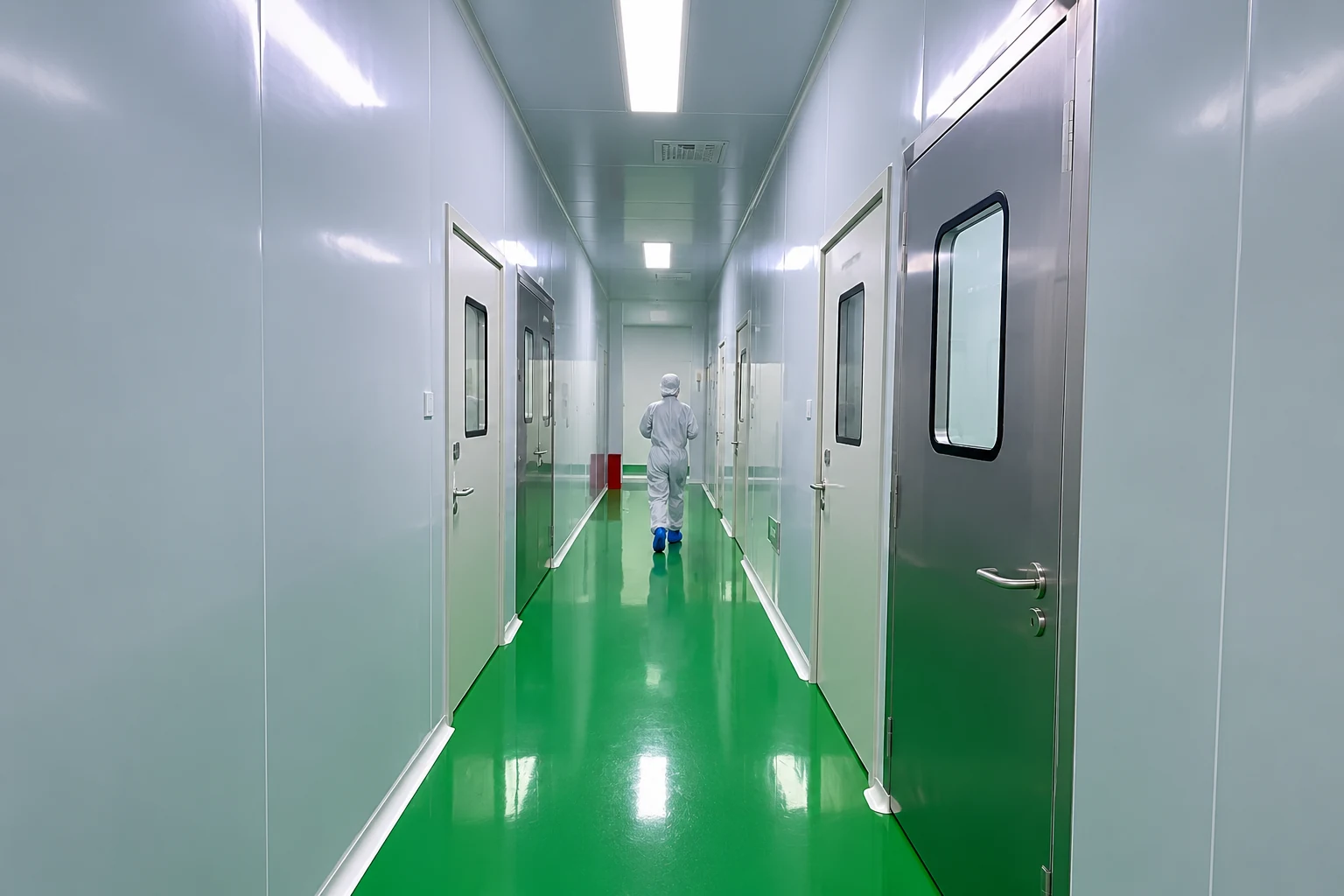 Illustrative facility corridor with green floor and distant worker
