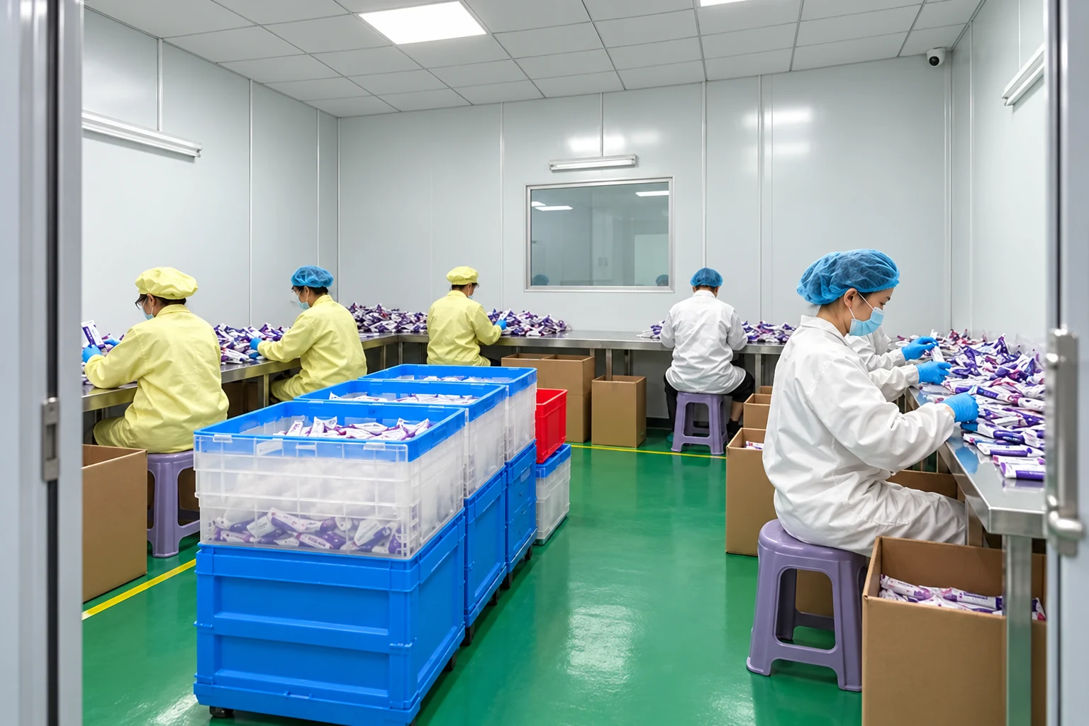 Illustrative packing workroom with blue crates and gowned staff