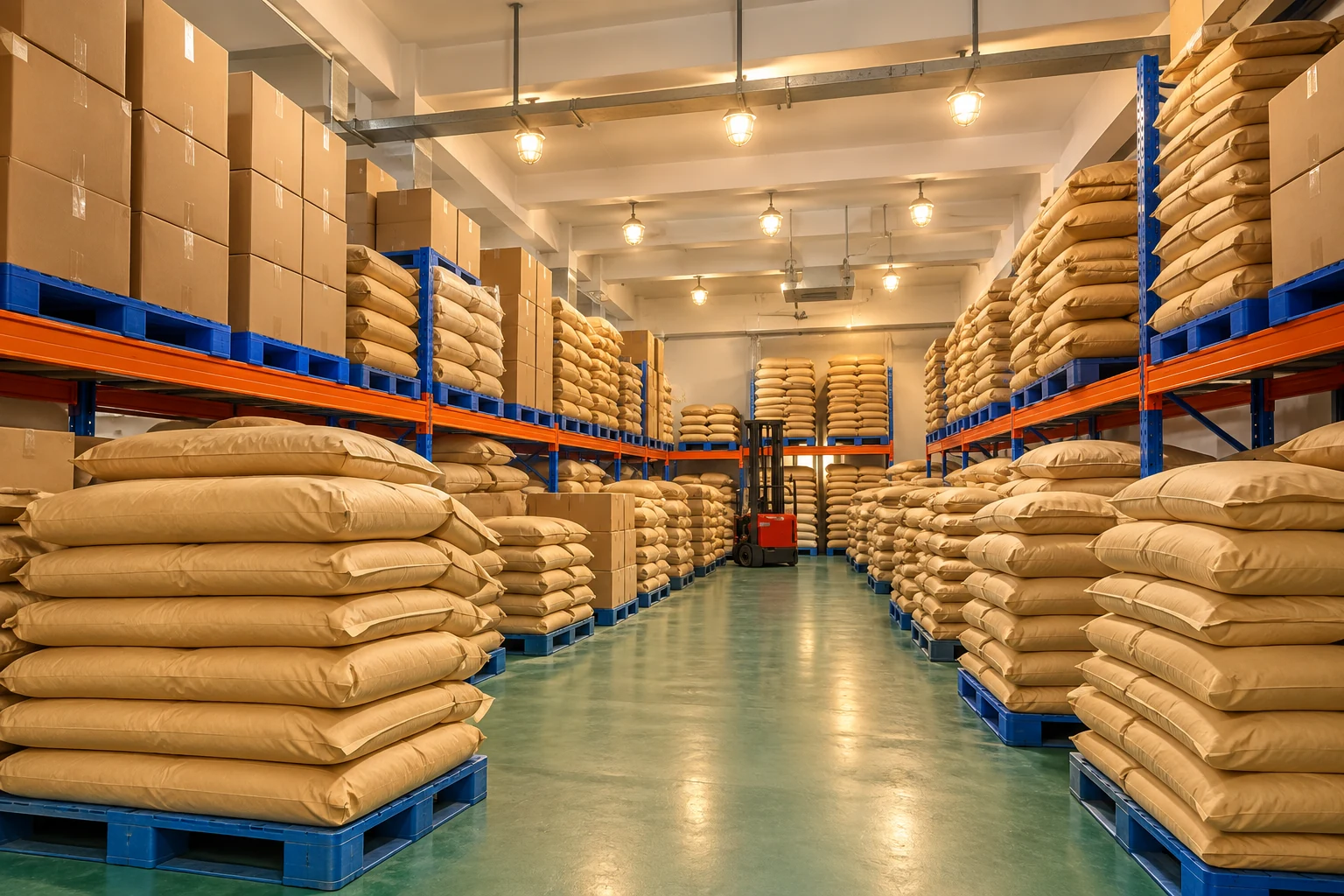 Illustrative warehouse aisle with plain sacks and cartons