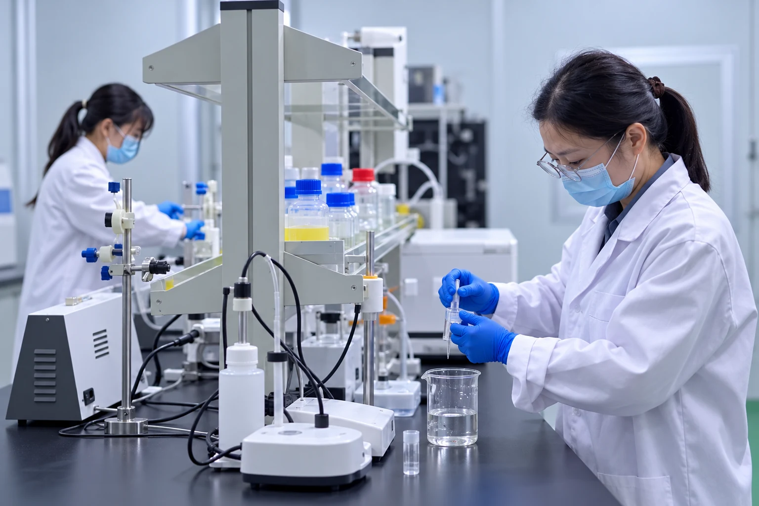 Illustrative laboratory workers handling unlabelled sample vessels