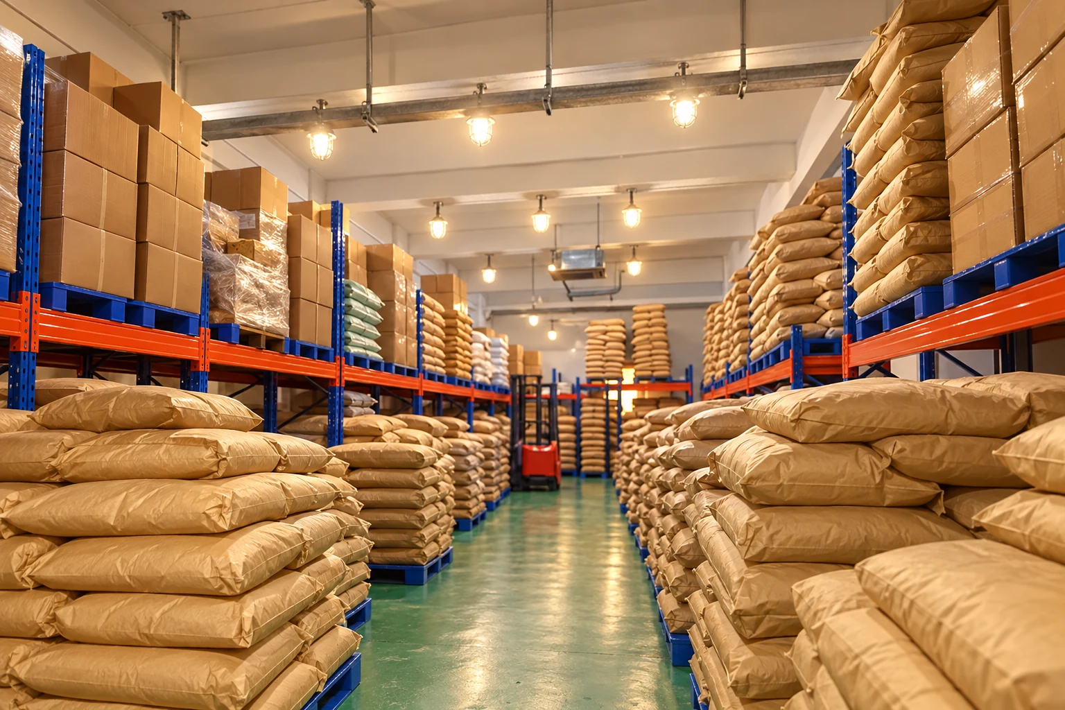 Illustrative warehouse sacks and cartons without identified contents or origin