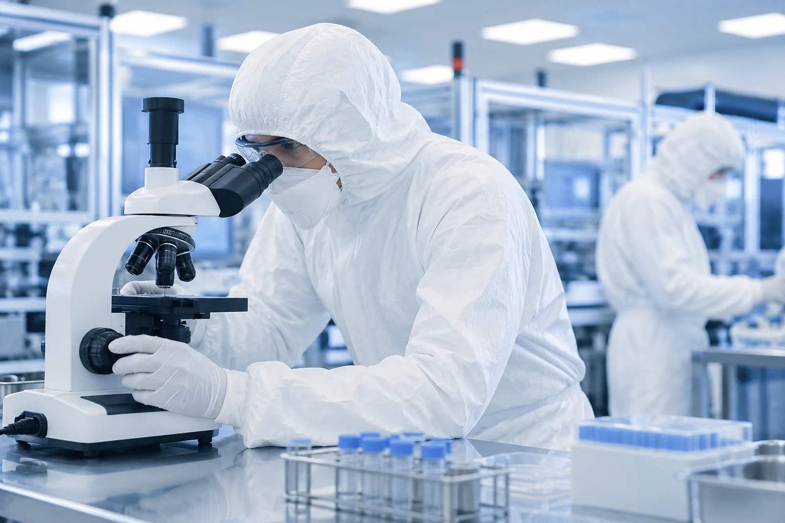 Illustrative technician at microscope for process and release evidence