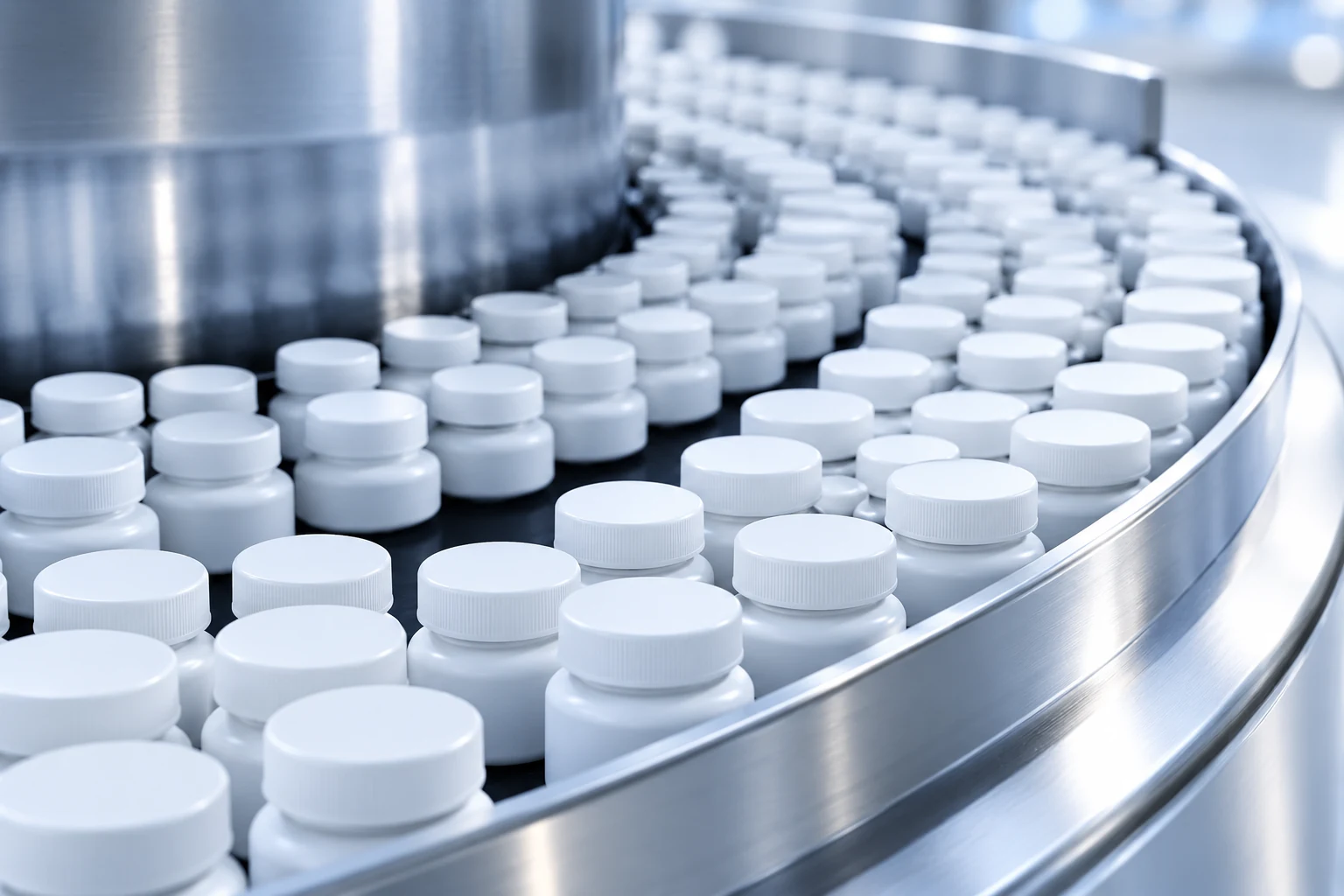 Illustrative unlabelled capped bottles on a packaging conveyor