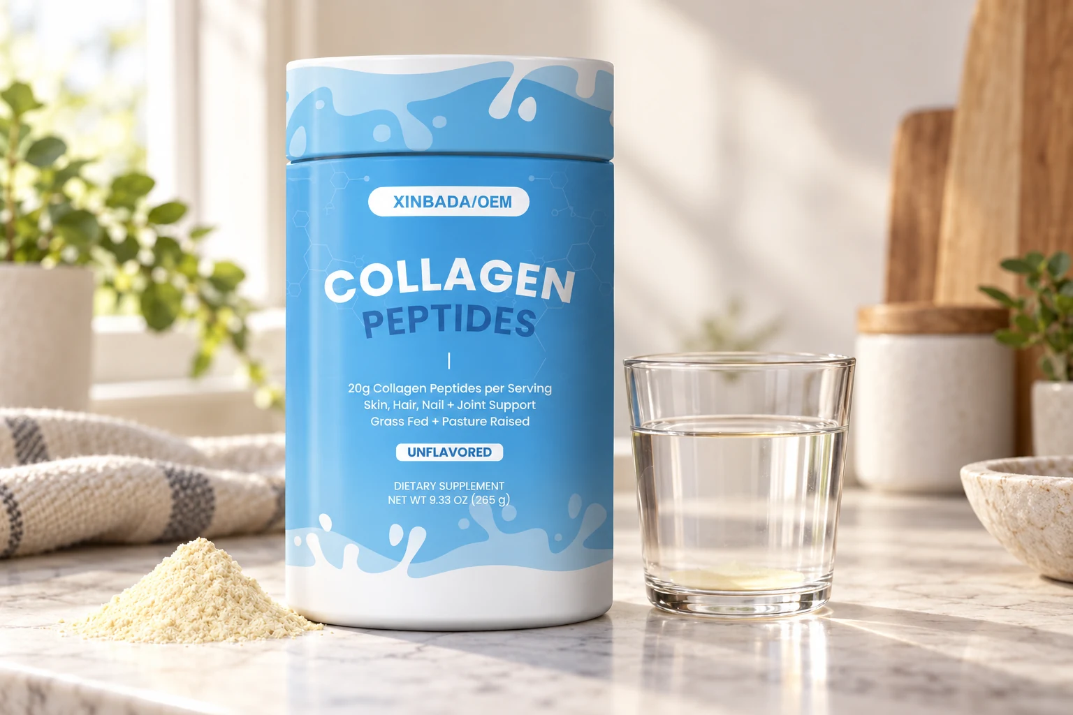 Blue labelled collagen peptide jar with loose powder and a glass on an evaluation bench
