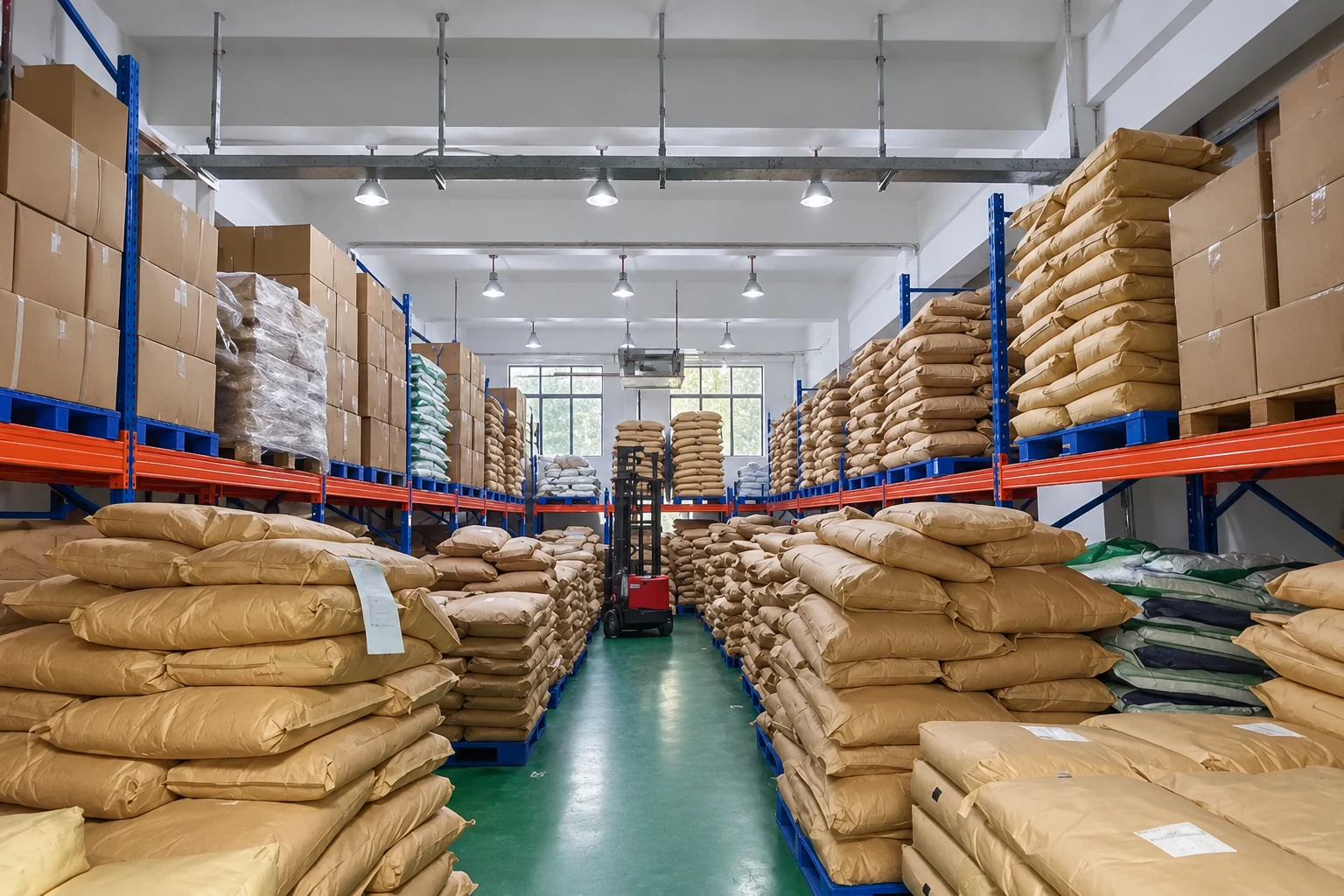 Warehouse sacks and cartons illustrating incoming material traceability