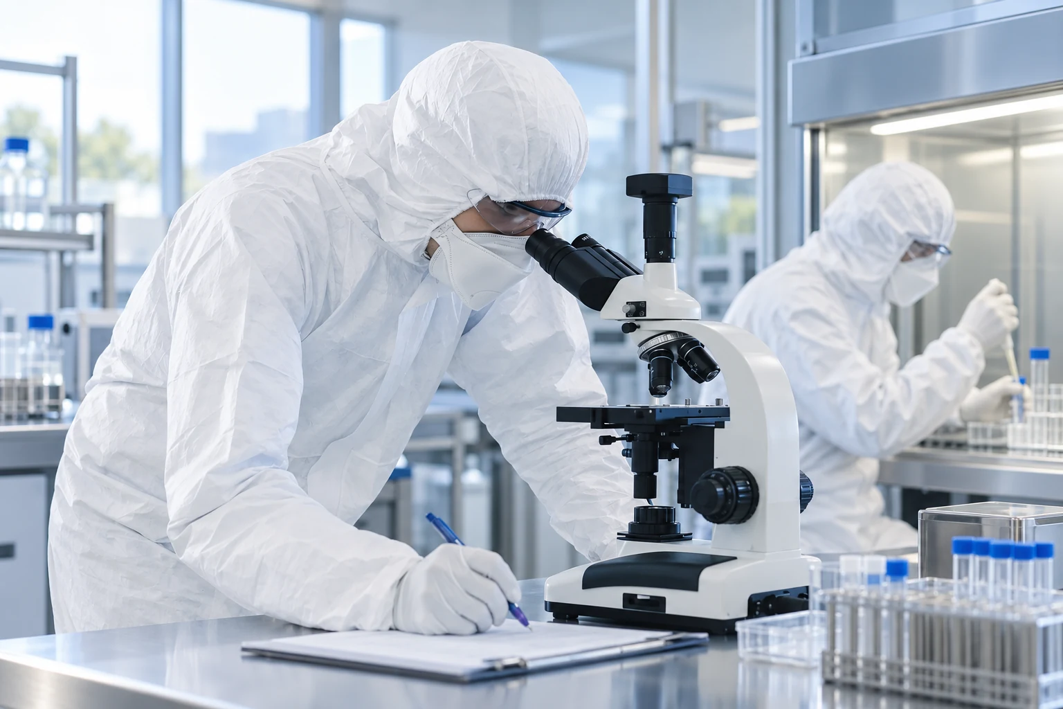 Laboratory staff reviewing material at a microscope and clean bench