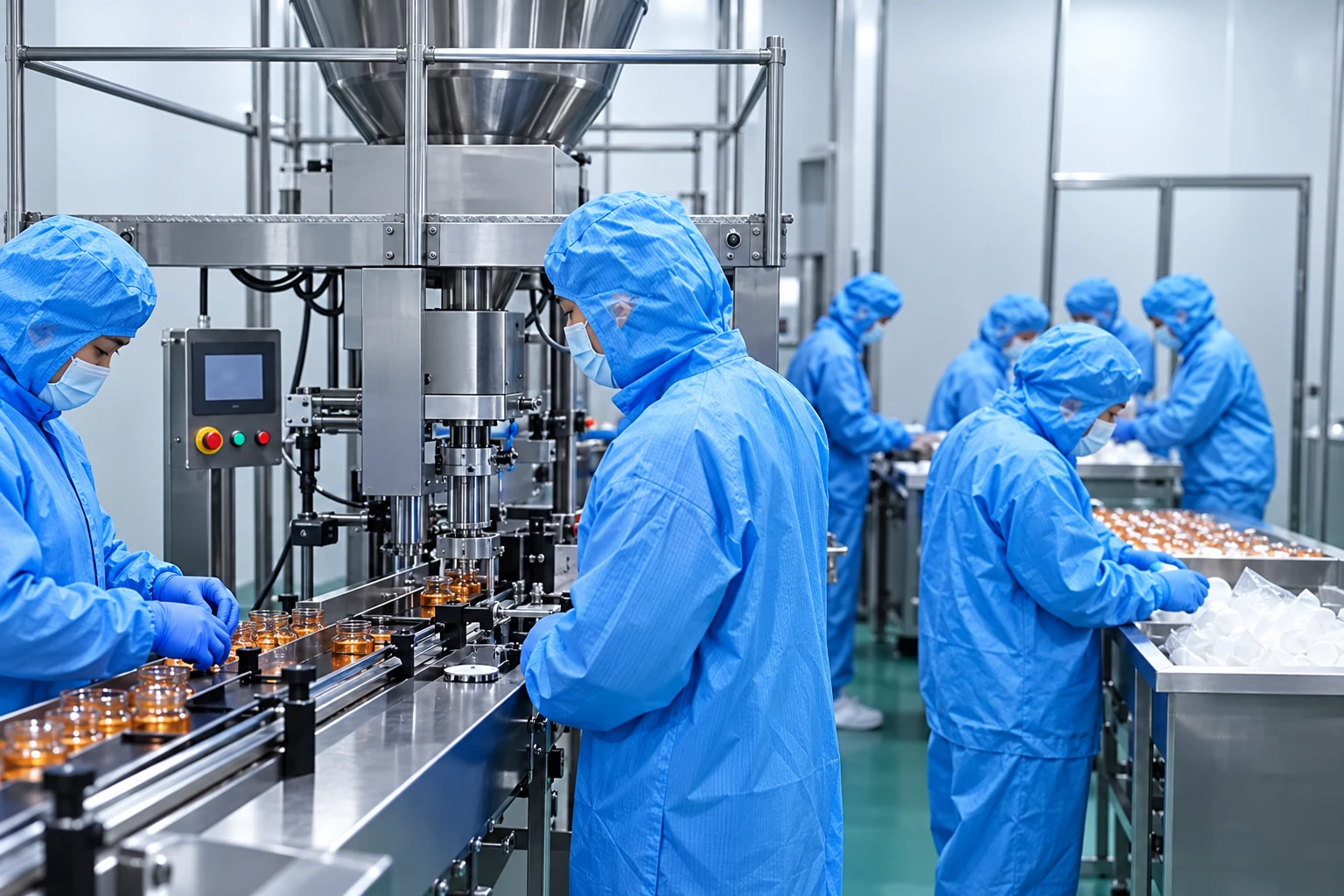 Production staff beside stainless equipment illustrating defined manufacturing stages