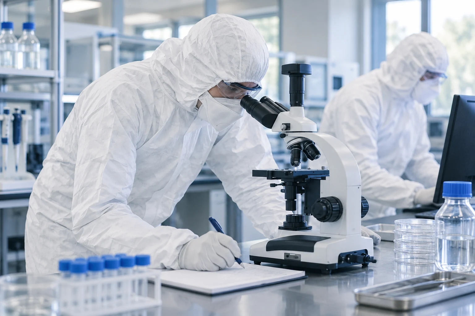 Masked laboratory worker examining material with a microscope