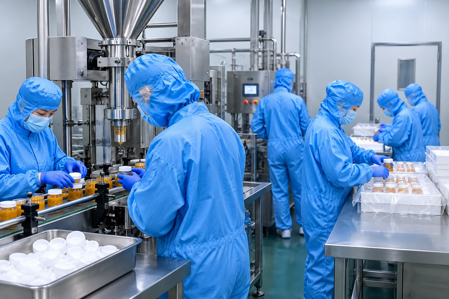 Production staff beside stainless equipment illustrating defined manufacturing stages