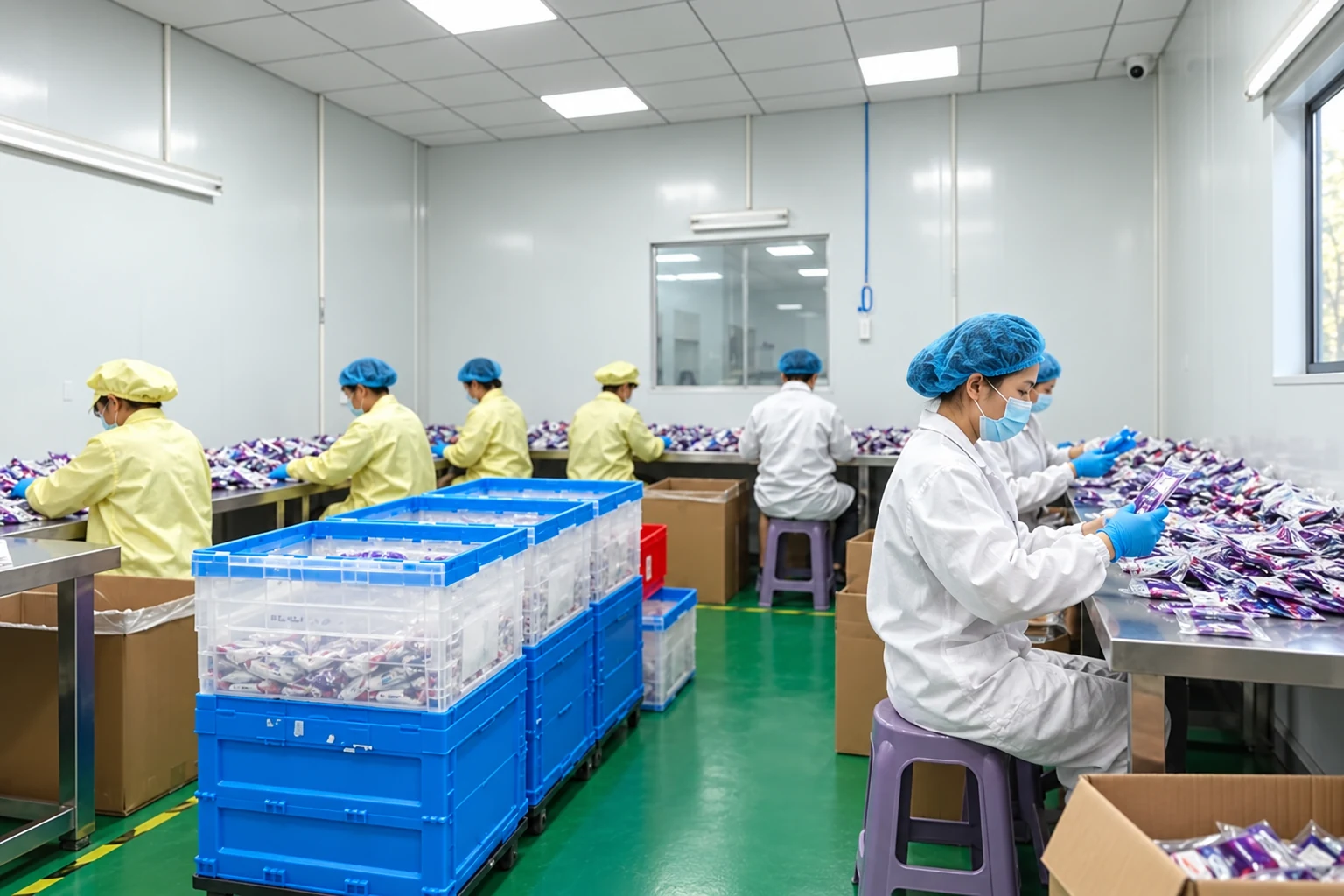 Cleanroom staff handling packaged material as a logistics illustration